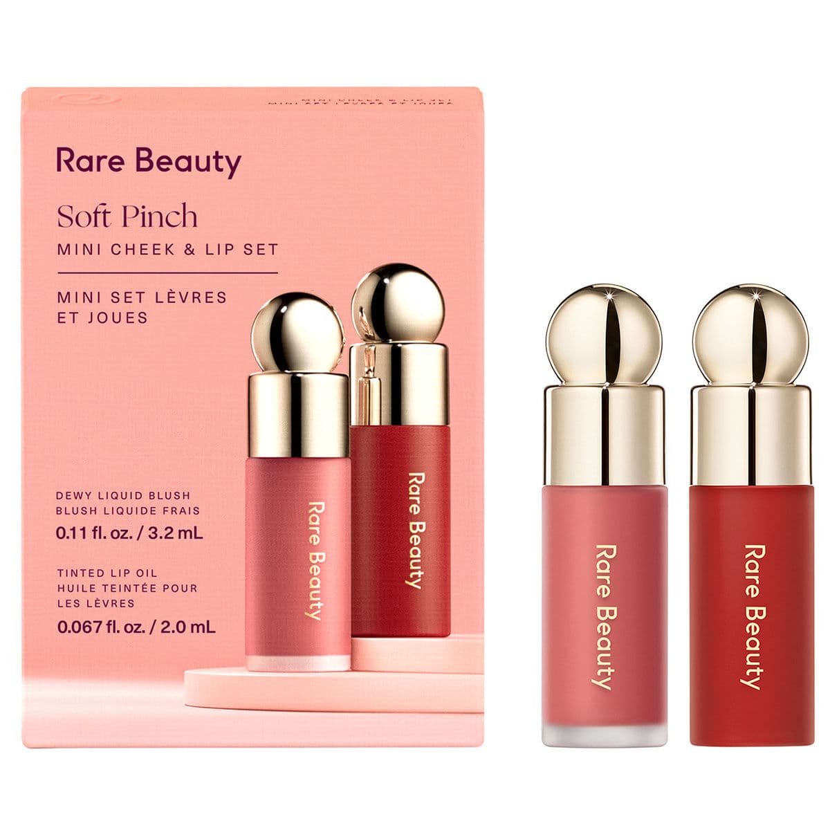 Embalagem de Kit Rare Beauty Mini Blush e Mini Lip Oil