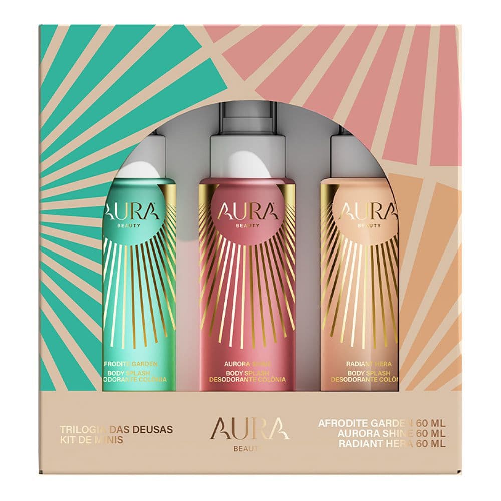 Embalagem de Kit Coffret Aura Beauty Trilogia das Deusas Feminino Kit Mini Body Splash