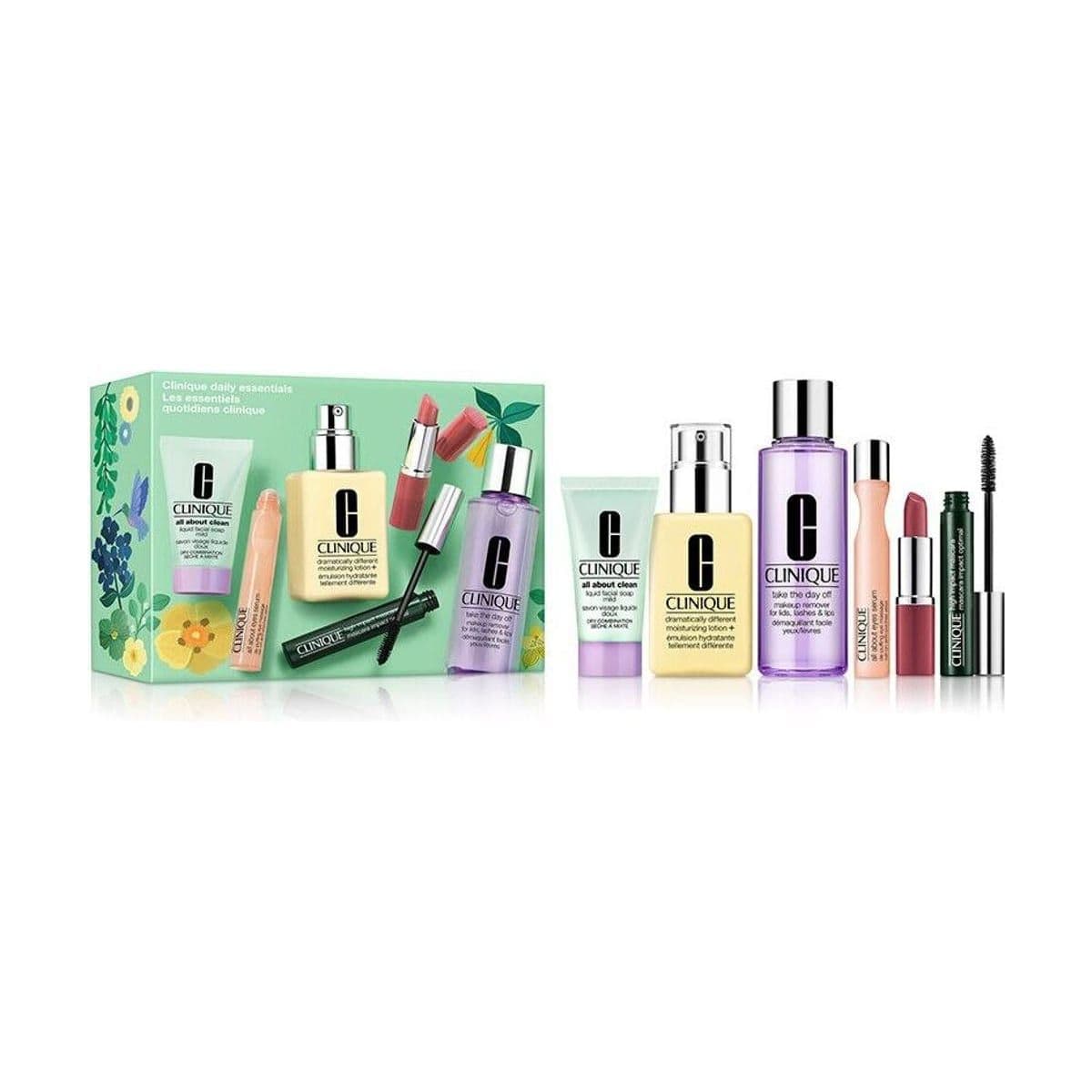 Embalagem de Kit Essenciais de Skincare e Maquiagem Clinique