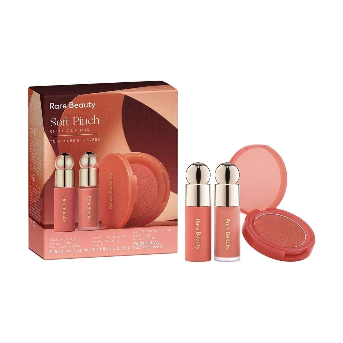 Embalagem de Kit Blush e Batom Liquido Rare Beauty Soft Pinch Cheek & Lip Trio