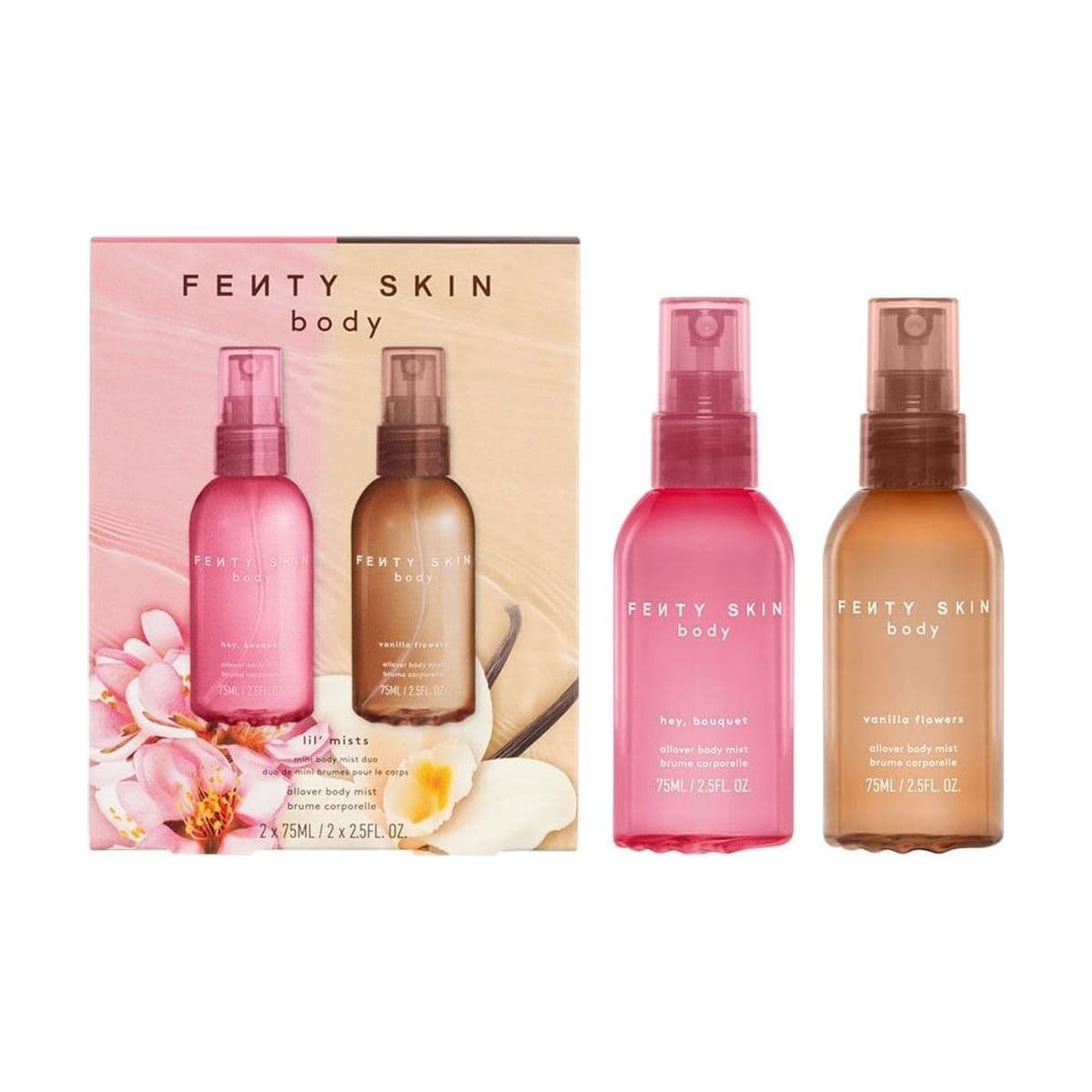 Embalagem de Kit Body Mist Fenty Skin Vanilla Flowers e Hey, Bouquet