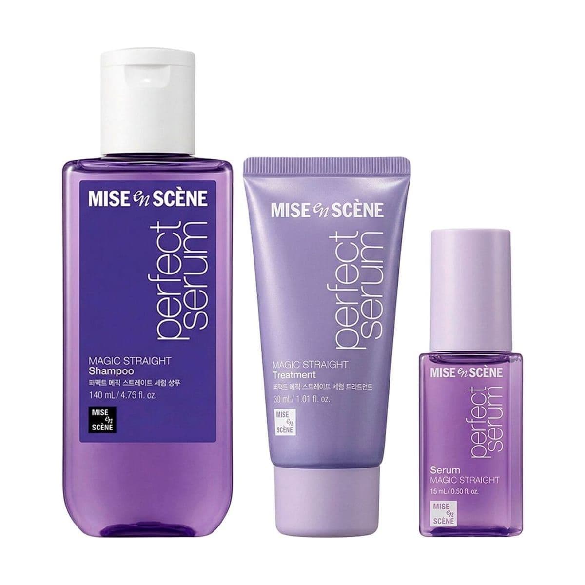 Embalagem de Kit Capilar Mise en Scène Perfect Serum Magic Straight Mini Trio