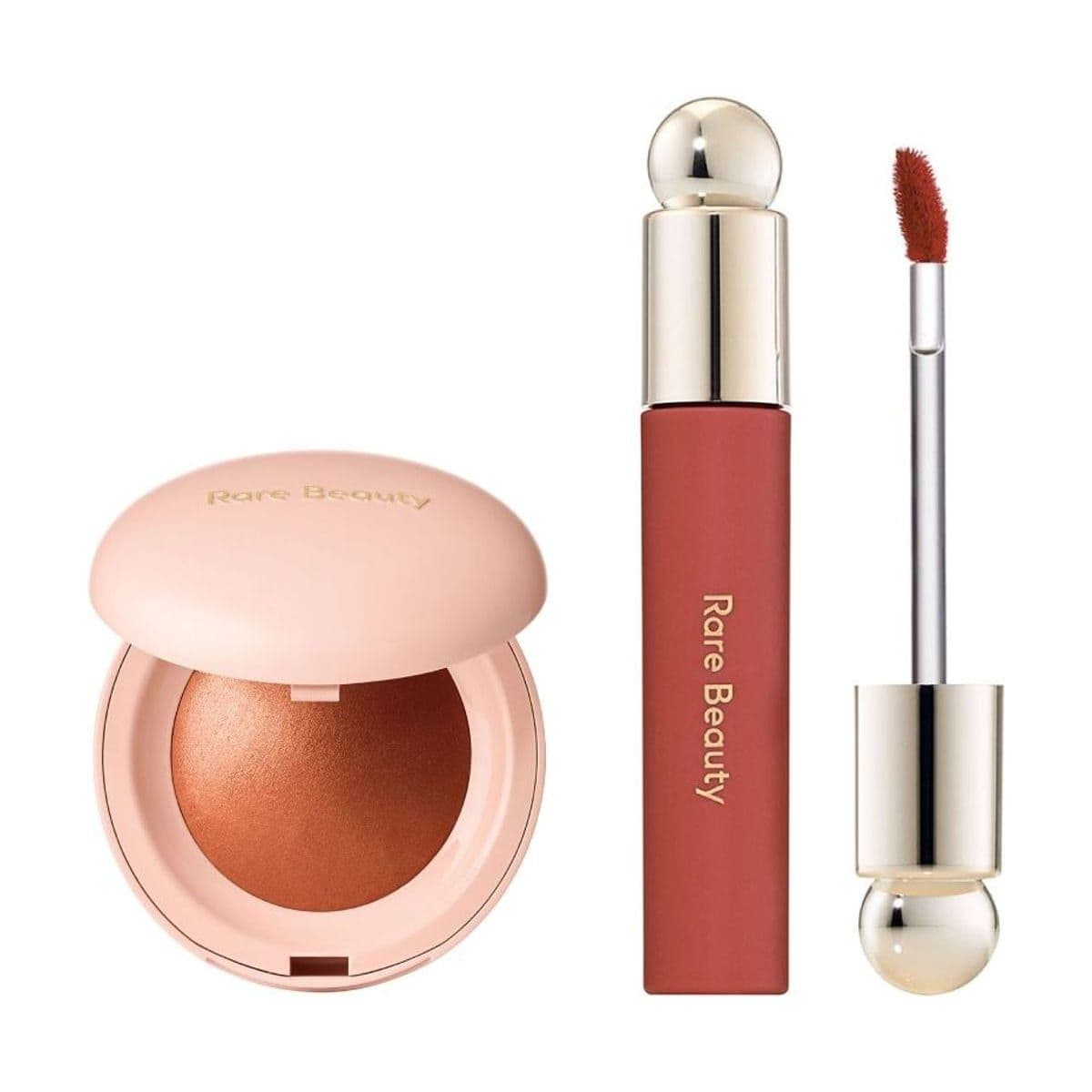 Embalagem de Kit Iluminador e Lip Oil Rare Beauty