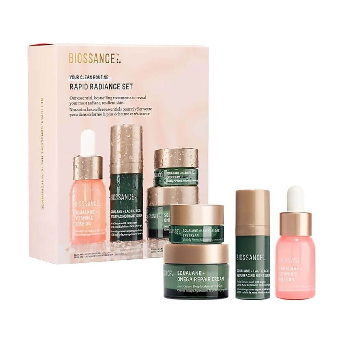 Embalagem de Kit Biossance Rapid Radiance Routine