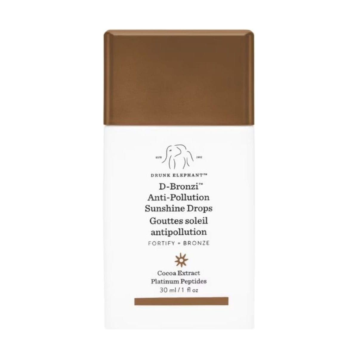 Embalagem de Sérum Bronzeador Drunk Elephant D-Bronzi Anti-Pollution Sunshine Drops