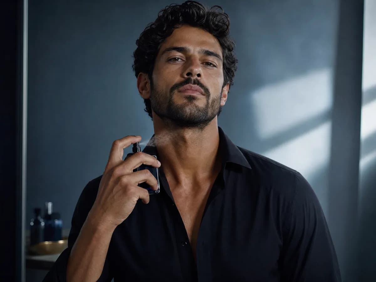 Homem aplicando perfume no pescoço em luz lateral