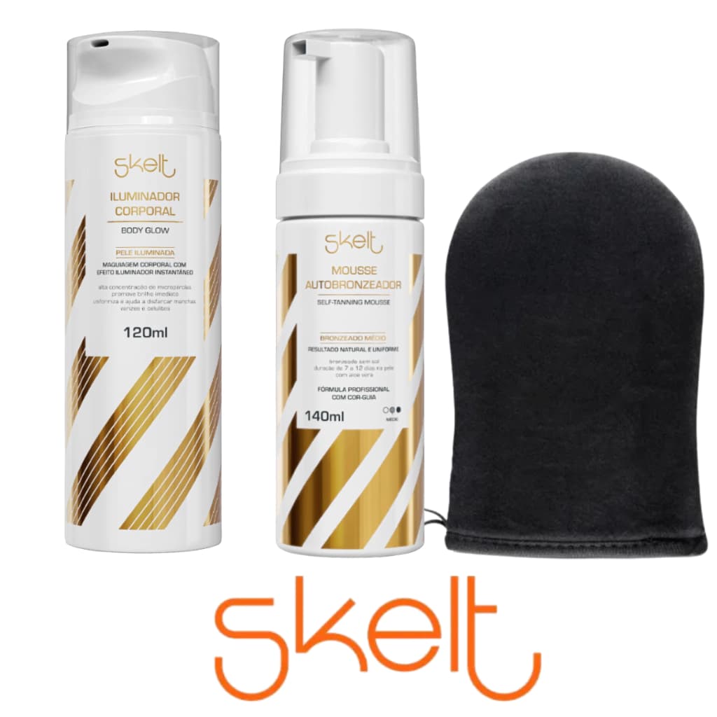 Embalagem de Kit Corpo Radiante Skelt Iluminador + Mousse Autobronzeador + Luva Aplicadora