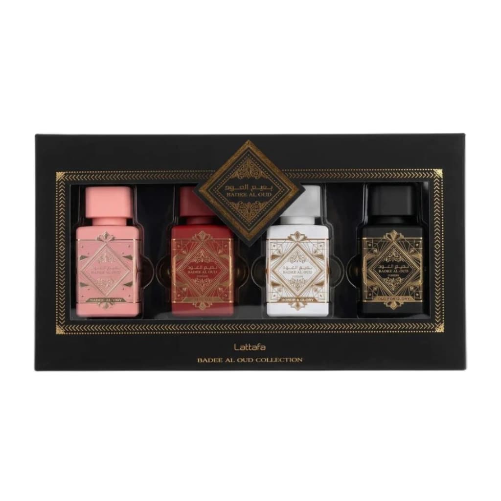 Embalagem de Kit Lattafa Bade'e Al Oud Collection 4 Fragrâncias de 25ml