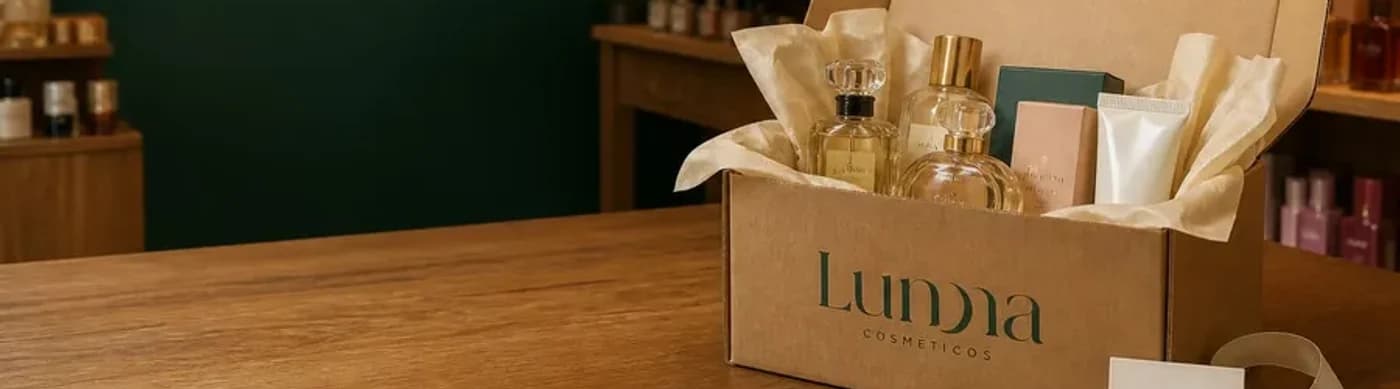 Caixa da Lunna Cosméticos embalada com perfumes e um creme, sobre o balcão da loja