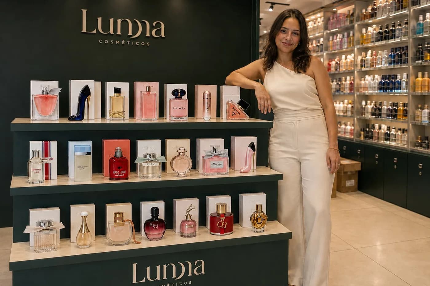Atendente da Lunna Cosméticos ao lado da vitrine de perfumes da loja, com a marca impressa na parede